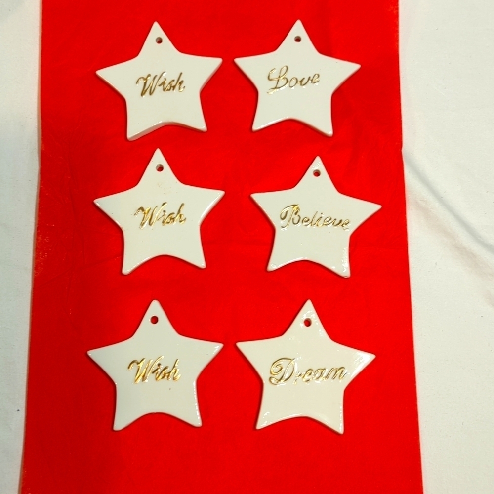 6 Ceramic Ornaments, Wish Love Believe Dream, White With Gold Letters